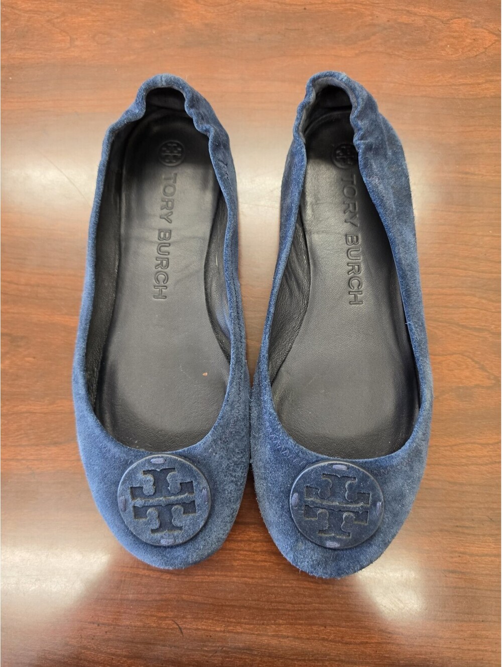 Tory Burch Minnie Travel Ballet Flats Navy Suede Leather Logo Size 8M Minimalist